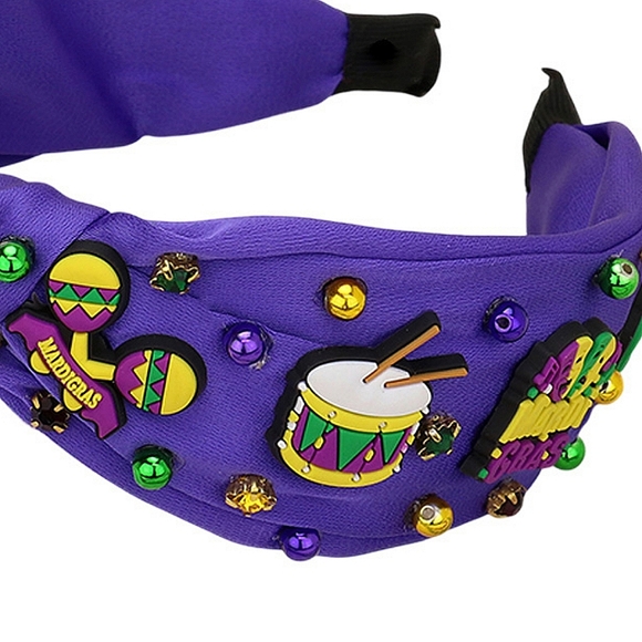 Purple Headband Fleur De Lis Charm Drums Jester Hat Beaded Green Gold Mardi Gras - Picture 4 of 5